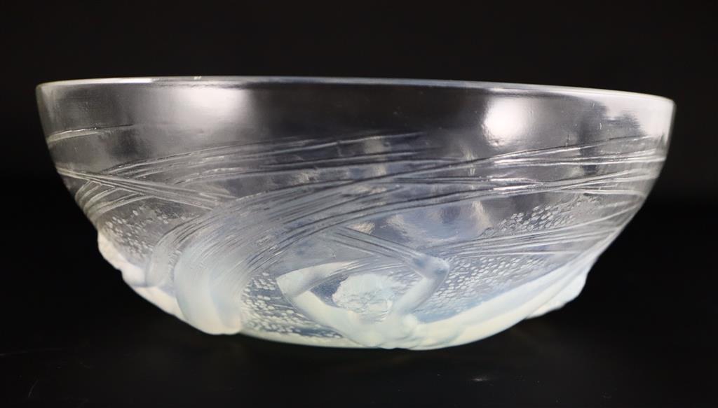 René Lalique. A pre-war opalescent glass Ondines pattern bowl, no.380, designed in 1921, 21cm diameter